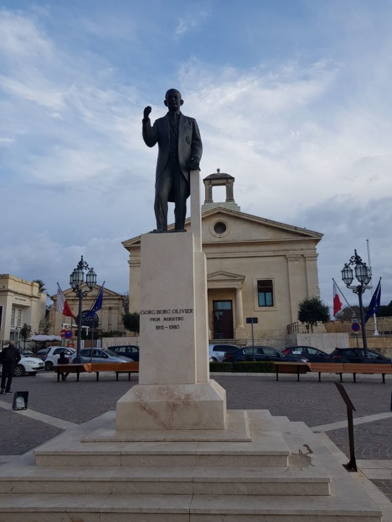 Gorg Borg Olivier – former Prime Minister (Malta) in front of the Stock exchange building @ Castille Square