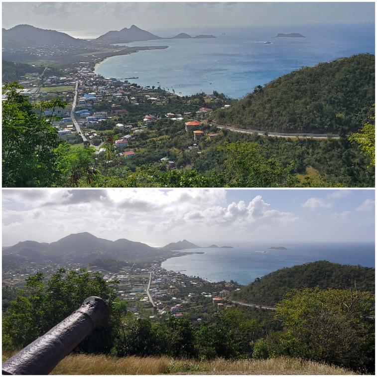 A view of Hillsborough Bay, Mabbouya Island, Sandy Island, and Esterre Bay from Hospital Hill - Carriacou. Grenada, the Spice Isle of the Caribbean