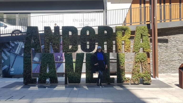At the Andorra Sign on the main shopping street. Andorra, the country of the Pyrenees