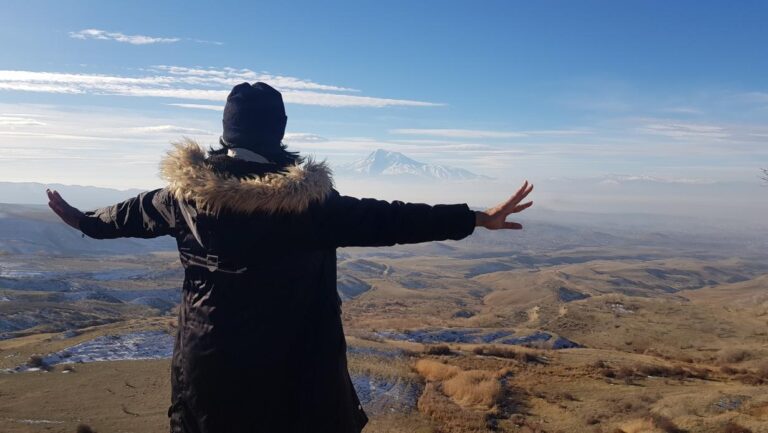 At the Arch of Charents - a view of Mount Ararat. Armenia, the first country to accept Christianity