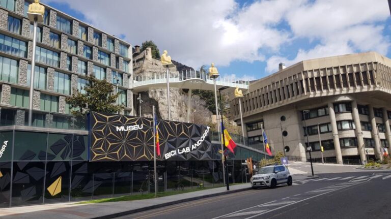 Bici Lab Andorra (Bicycle Museum) and the back of the Consell General of Andorra). Andorra, the country of the Pyrenees