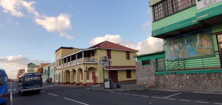 Buildings downtown Roseau the capital. Dominica, the Nature Island of the Caribbean.