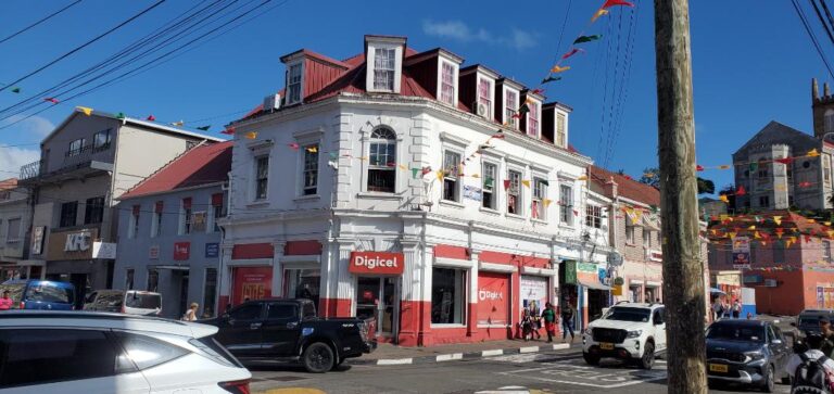 Buildings downtown St. George's Grenada . Grenada, the Spice Isle of the Caribbean