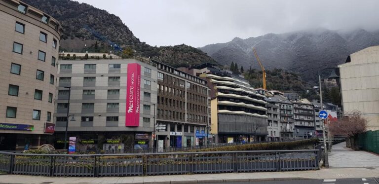 Buildings in Andorra La Vella including Novotel and Mercure Hotel. Andorra, the country of the Pyrenees