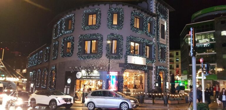 Buildings on Avenida Meritxell in Andorra La Vella. Andorra, the country of the Pyrenees