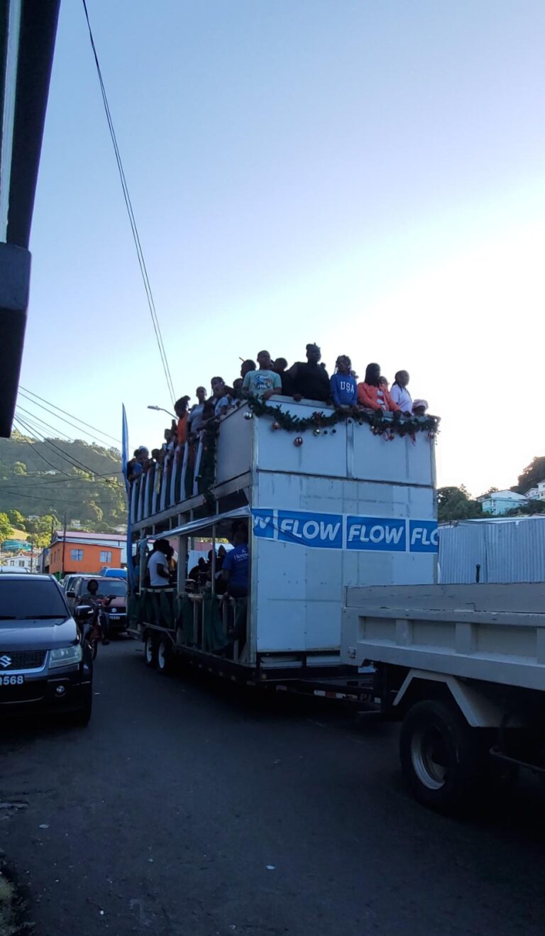 Christmas Nine Mornings' music truck with revelers at 7:00 a.m.. St. Vincent and the Grenadines the Gem of the Antilles