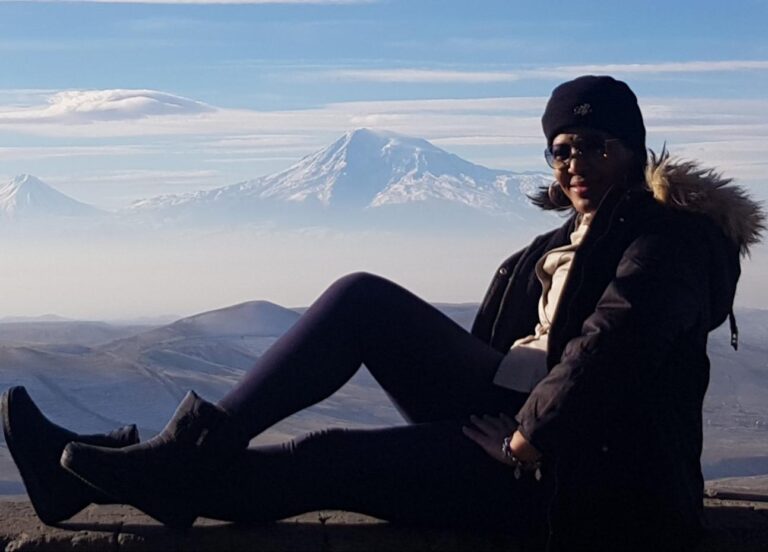 CoraDexplorer at the Arch of Charents...a close-up view of Mount Ararat. Armenia, the first country to accept Christianity