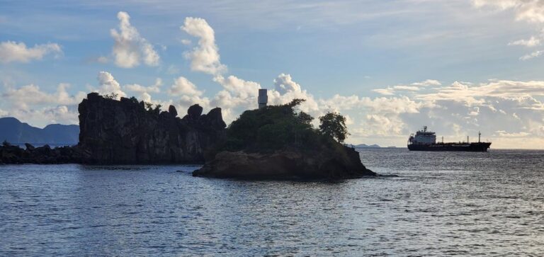 Dove Island with white cross – the final resting place of businessman Sylvester DeFreitas who was buried in a standing position in 1967. St. Vincent and the Grenadines the Gem of the Antilles