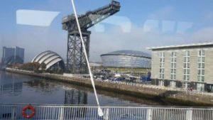 Clyde River and Squinty Bridge with the visible SSE Hydro and Armadillo building - Scotland