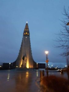The Halgrimskirkja Church at night - Reykjavik Iceland. Female solo travels in Europe