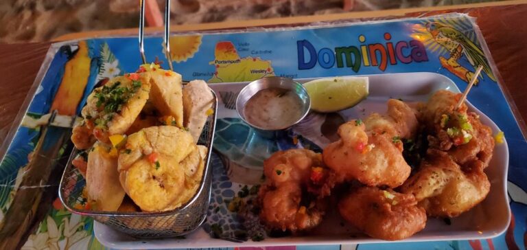 Fried Breadfruit, Plantains and Accras (a typical Dominican platter). Dominica, the Nature Island of the Caribbean.