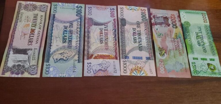 Guyana currency notes (1 USD = 209 GUY). Guyana, the Land of Many Waters