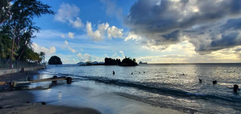 Indian Bay Beach with black sands. at sunset St. Vincent and the Grenadines the Gem of the Antilles