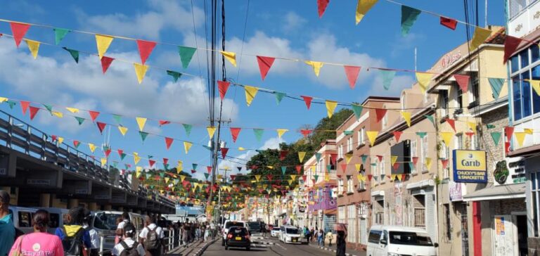 Melville Street (left is the St. George's bus station) decorated for Independence Day . Grenada, the Spice Isle of the Caribbean