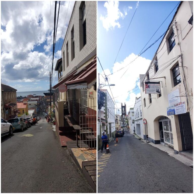 Narrow and very steep streets in the city of St. Georges. Grenada, the Spice Isle of the Caribbean