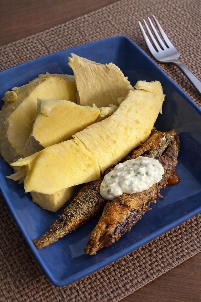 Fried, roasted breadfruit and Jackfish (official national dish of SVG). St. Vincent and the Grenadines the Gem of the Antilles