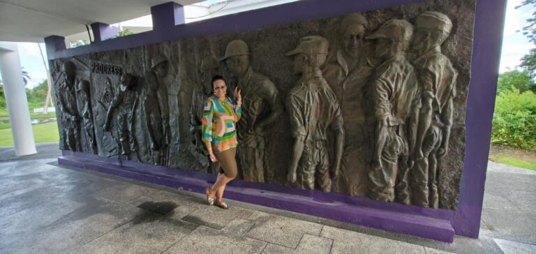 Sculptures of the achievements and aspects of Burnhan's life. Guyana, the Land of Many Waters