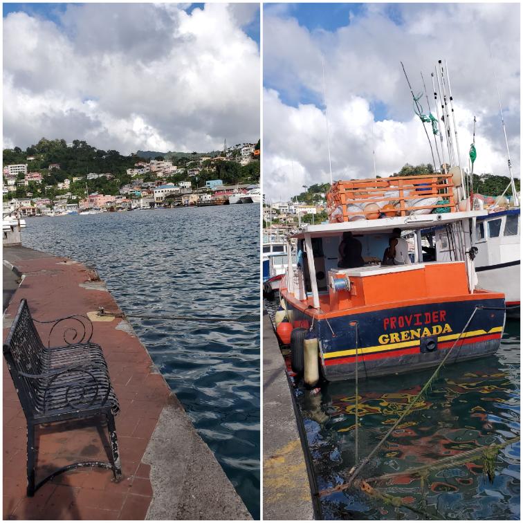 Seating and boats docked at the Carenage harbour front. Grenada, the Spice Isle of the Caribbean