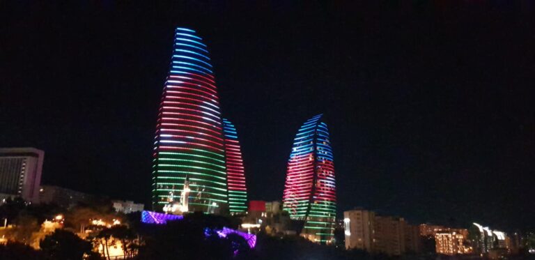 The Flame Towers at night. Azerbaijan the land of fire