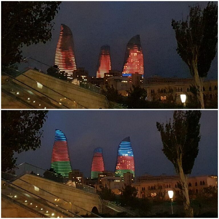 The Flame Towers at nights with different theme-light designs. Azerbaijan the land of fire