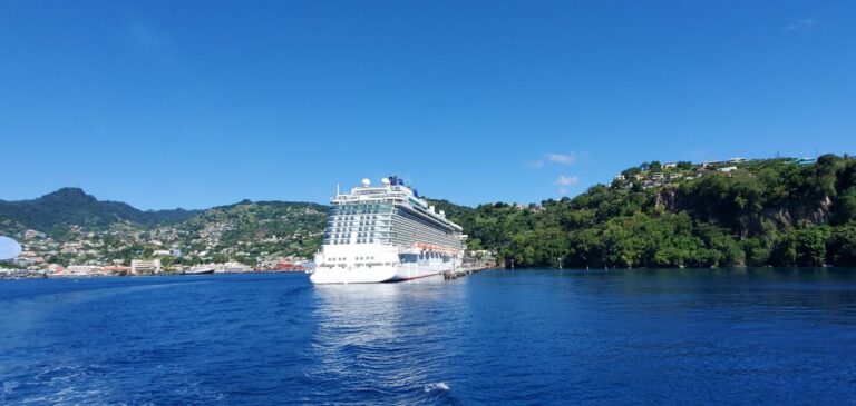 A scenic view of a cruise ship docked at the Kingstown harbour. St. Vincent and the Grenadines the Gem of the Antilles