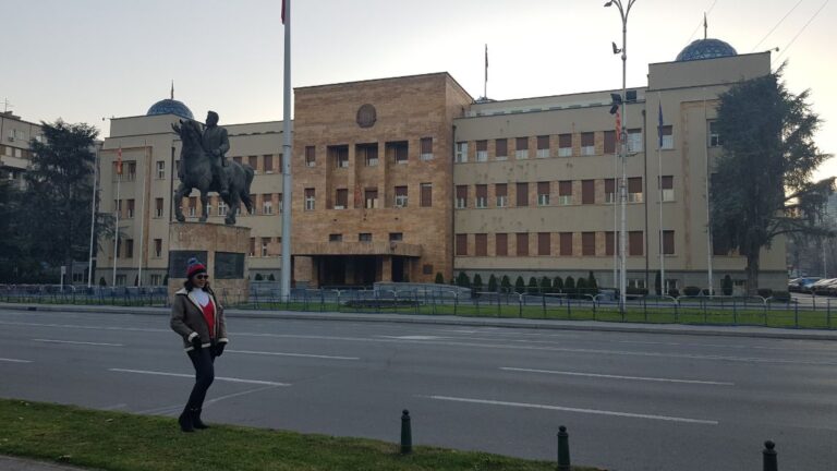 The Parliament of Macedonia and statue of Nikola Karev – former president. North Macedonia - the birthplace of Mother Teresa