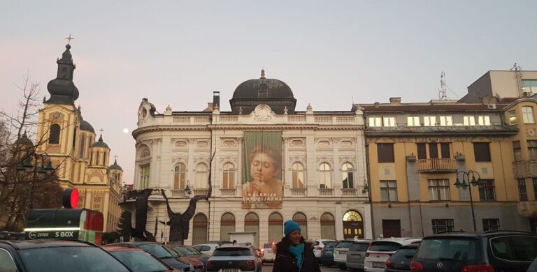 The Serbian Orthodox Cathedral (left) and the Art Gallery of Enthusiasm - Sarajevo (right). solo traveller in Sarajevo, Bosnia and Herzegovina.