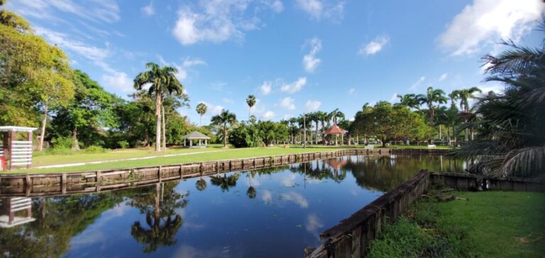 The beautiful pond with manatees at the Botanical Gardens Guyana, the Land of Many Waters