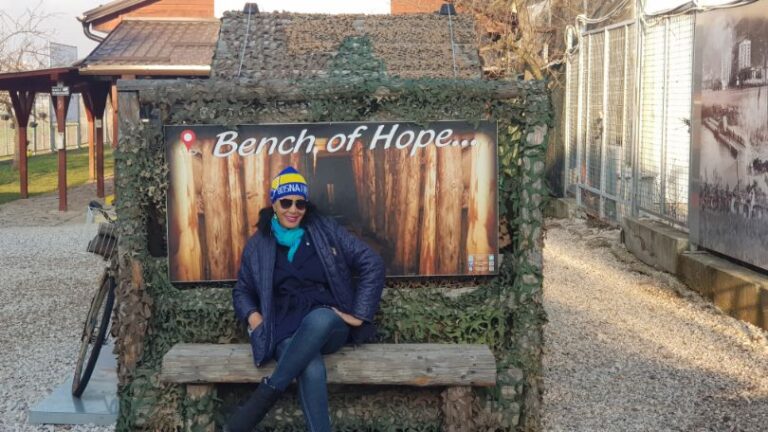 The bench of hope, outside the Tunnel of Hope. solo traveller in Sarajevo, Bosnia and Herzegovina.