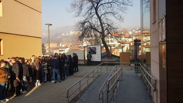 The long queue for the cable car to Mount Trebevic. solo traveller in Sarajevo, Bosnia and Herzegovina.
