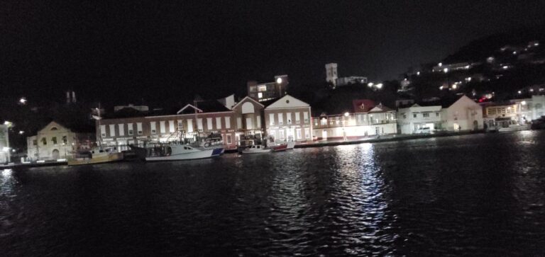 The night view of the Carenage, St. George''s from the ferry. Grenada, the Spice Isle of the Caribbean