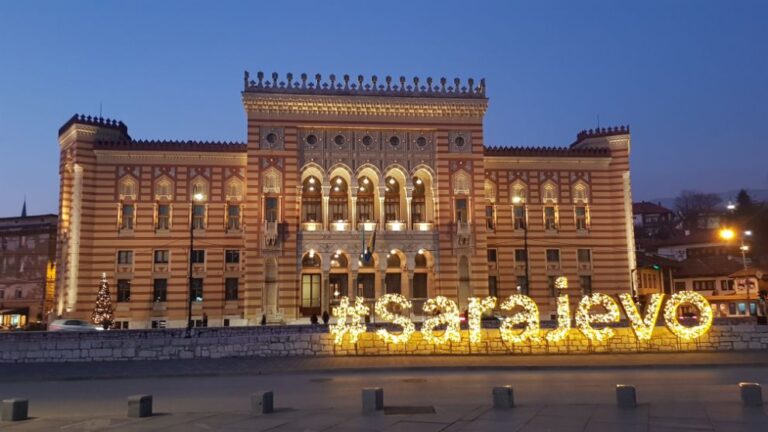 Vijecnica Sarajevo (City Hall) at night. solo traveller in Sarajevo, Bosnia and Herzegovina.