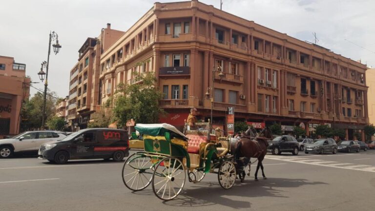 pink buildings and horse and carriage in the city of Marrakech. Morocco, the Western Kingdom of Africa