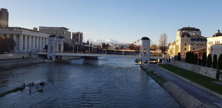 the Vardar River and the Skopje Art Bridge. North Macedonia - the birthplace of Mother Teresa